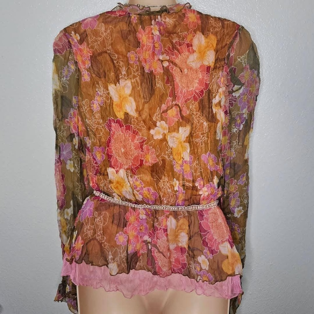 Méchant Silk Floral Chiffon Blouse Sheer Boho Layered Mesh Waist Tie Top - Picture 2 of 8